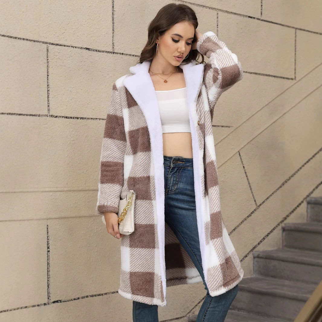 Толстый двухцветный плюшевый кардиган средней длины с капюшоном и пуговицами в европейском и американском стиле