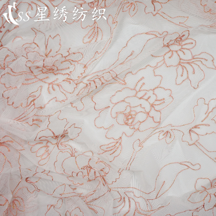 弹力网纱绣花金线毛巾绣立体大花柔软亲肤连衣裙紧身衣刺绣面料