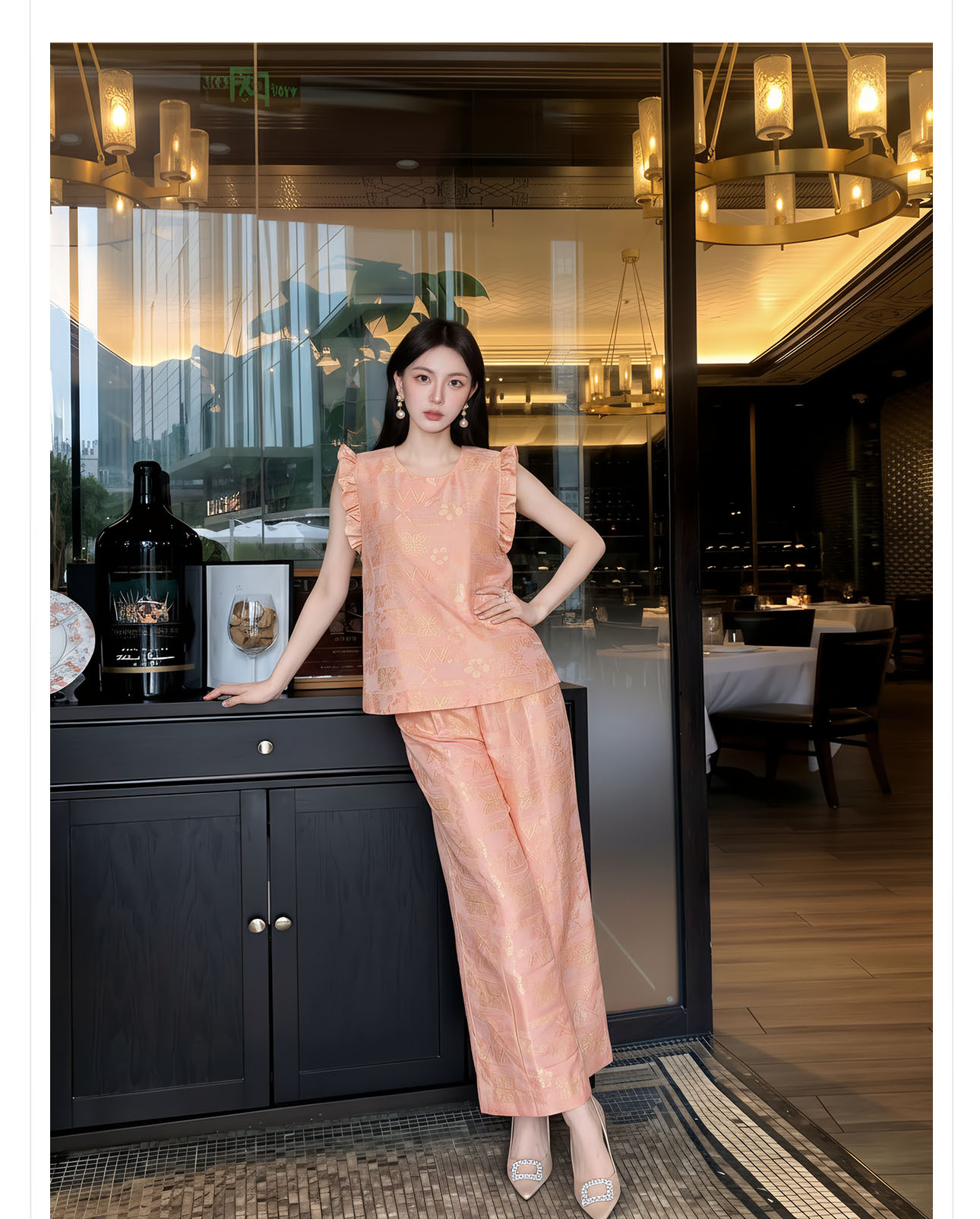 Bộ đồ nữ mùa hè phong cách tân trung hoa áo tay lửng phối quần ống rộng họa tiết jacquard — Trang chủ, bộ đồ, Quần dài chi tiết 4