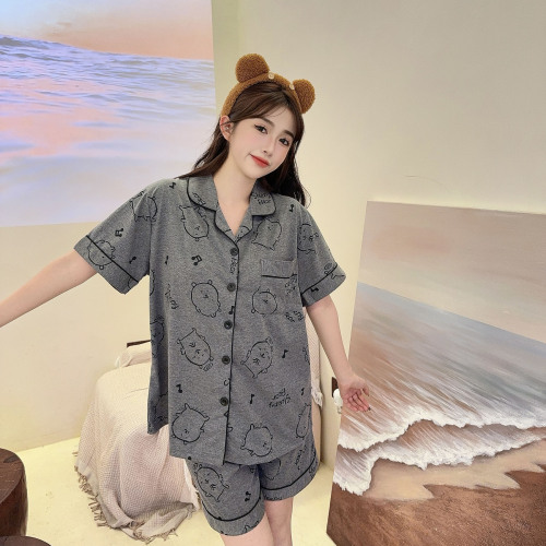 Grey Self-deprecating Bear Pajama Set for Women - Summer Pure Cotton Short Sleeve Top and Shorts - Collar Style - Japanese Cute Cartoon Homecoming Suit