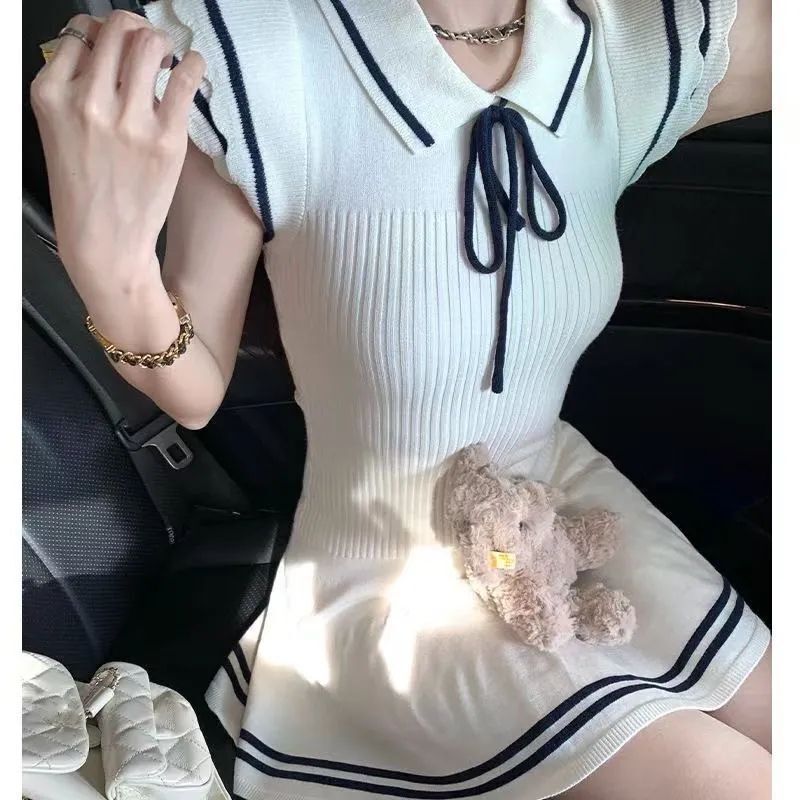 Navy Style Soft Knit Lace-Up Versatile Dress for Women, Summer French Style Elegant Short Dress with Small Flutter Sleeves, Sexy and Stylish