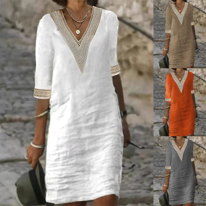 2023 European and American Clothing Amazon Popular Independent Station Hot Selling Pure Color V Neck Mid-sleeve Cotton and Linen Casual Dress 2023 European and American Clothing Amazon Popular Independent Station Hot Selling Pure Color V Neck Mid-sleeve Cotton and Linen Casual Dress