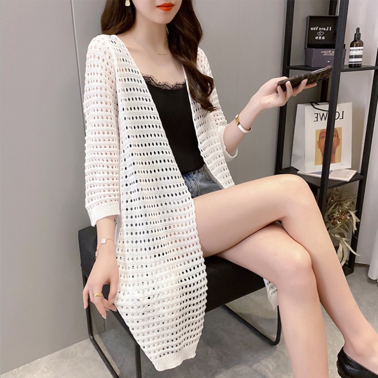 夏季宽松薄款外搭开襟女中长款针织衫新款镂空衫V领防晒披肩外套