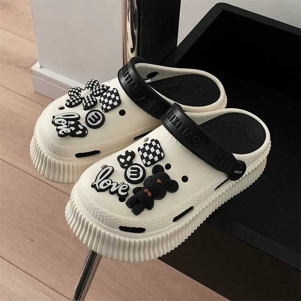 女生时尚甜酷风增高厚底柔软舒适款包头沙滩鞋夏季户外防滑洞洞鞋