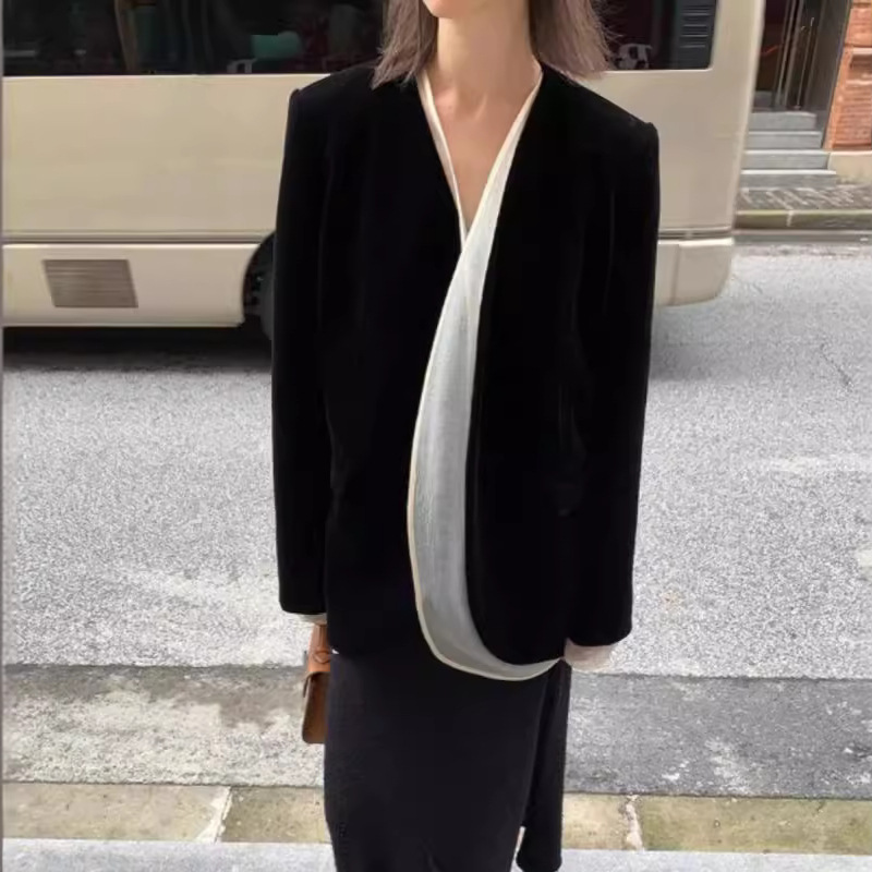 Th~ Row Spring and Autum Soft and Light Tulle with Retro Velvet Women's Double-Layer Blazer Two-Piece Set