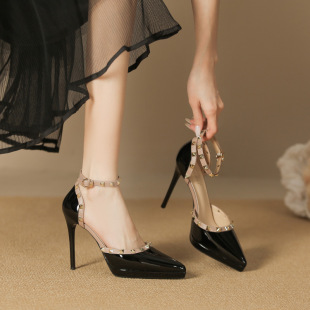 1088-23A One-word Rivet High-heeled Shoes Pointed Stiletto Platform Sandals Women's Hollow Baotou High-heeled Shoes
