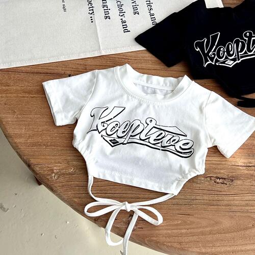Girls 23 summer short-sleeved T-shirt baby girl hip-hop jazz dance short waist straps fashionable top trendy 0015