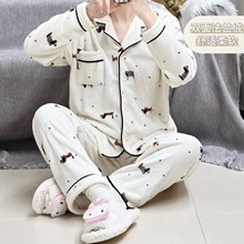 睡衣女加绒加厚开衫卡通保暖法兰绒睡衣女长袖长裤家居服套装批发