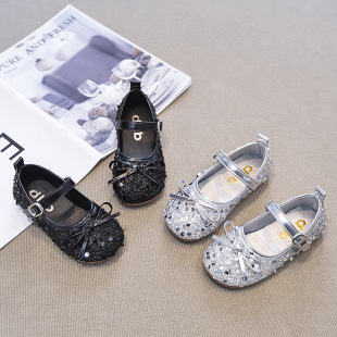 Children's Fashion Trend Rope Bow Small Leather Shoes Baby's Stylish Sequin Shallow Mouth Shoes Autumn New Children's Shoes