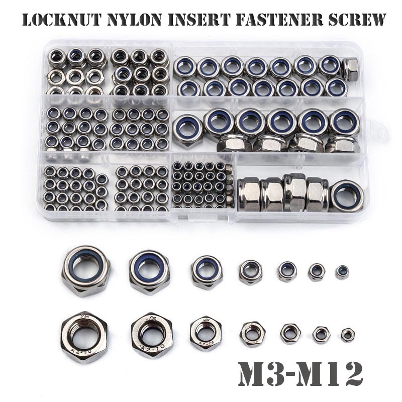 跨境货源 170PCS 304不锈钢尼龙防松螺母M3-M12 锁紧螺母组合套装