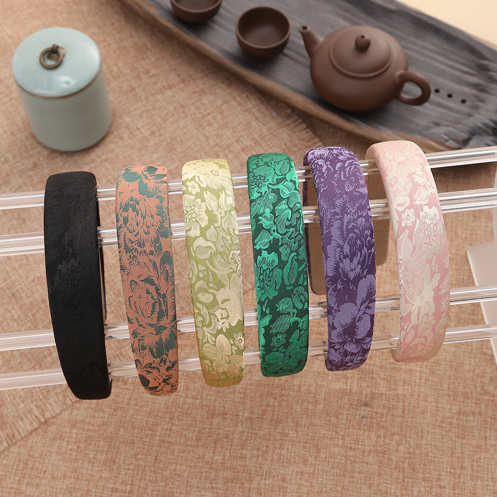 中式新款刺繡緞面海綿高顱頂發箍精緻緞面寬邊束髮髮飾發卡批發