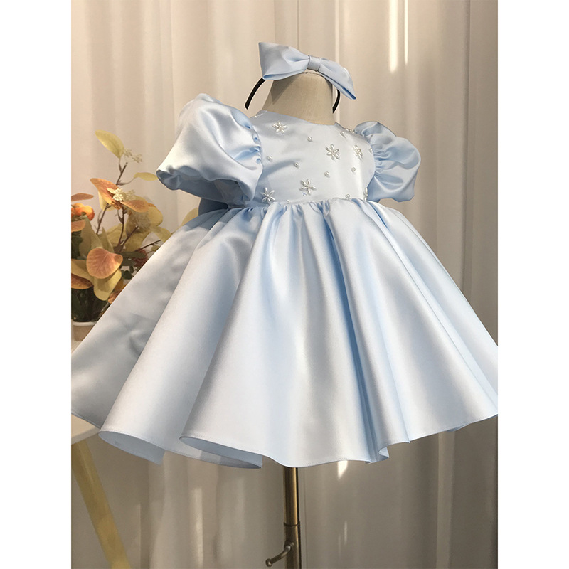 高端洋氣藍色緞面公主裙蓬蓬裙晚禮服寶寶周歲禮服女生日拍照春季