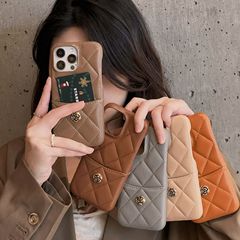 新款魚子醬插卡蘋果15手機殼小香14Pro菱格保護套山茶花鏈條適用