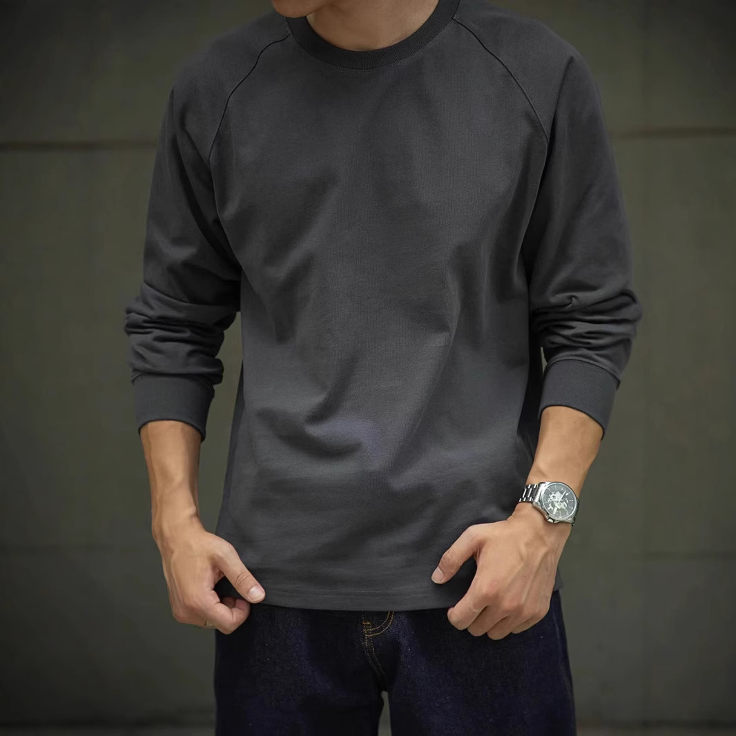 Tough Guy Kaji Camiseta de manga larga de algodón pesado para hombre con cuello redondo grueso 350G con camisa interior cálida e versátil