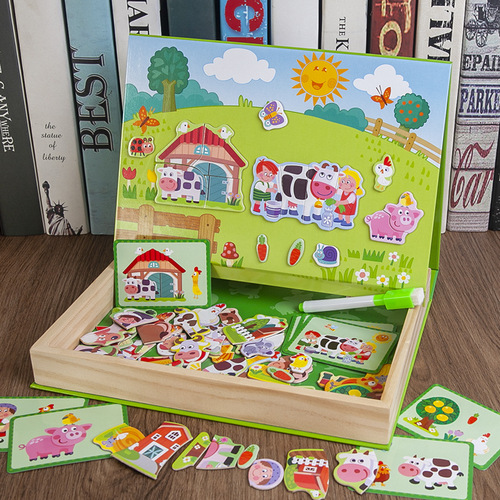 Kindergarten birthday gift children's educational magnetic cartoon character girl dress-up wooden puzzle drawing board gift box