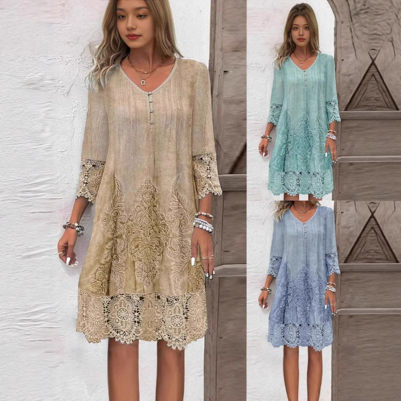 In-Stock Amazon Temu Cross-Border European and American Fashion 2025 New Spring and Summer Popular Solid Color Lace Trim Dress In-Stock Amazon Temu Cross-Border European and American Fashion 2025 New Spring and Summer Popular Solid Color Lace Trim Dress