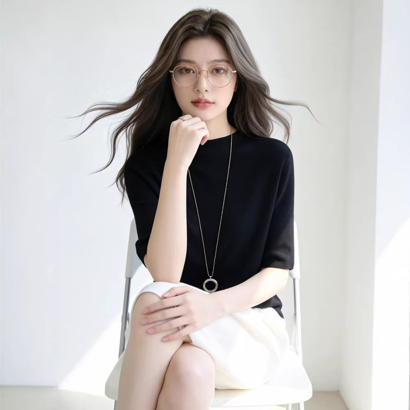 Wholesale Fine-Spun Wool Short-Sleeve Women's Half-High Collar Round Neck Five-Quarter Sleeve Knit Loose Versatile Stylish Wool Cross-Border Wholesale Fine-Spun Wool Short-Sleeve Women's Half-High Collar Round Neck Five-Quarter Sleeve Knit Loose Versatile Stylish Wool Cross-Border