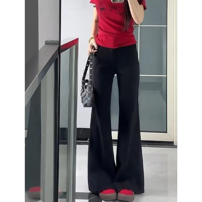 余一一棉质竹节纹黑科技三防耐脏白色牛仔裤女宽松显瘦原牛喇叭裤|undefined