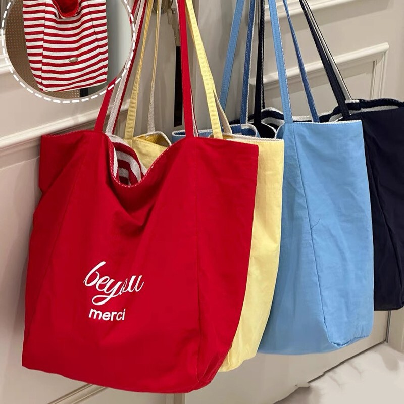 Striped Canvas Bag 2024 New Korean Style Ins Tote Casual Bag Shoulder Large Capacity Tote Bag Shopping Bag