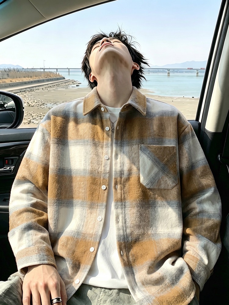 小香风潮牌青少年上衣毛呢翻领宽松季格子外套长袖夹克男春秋休闲
