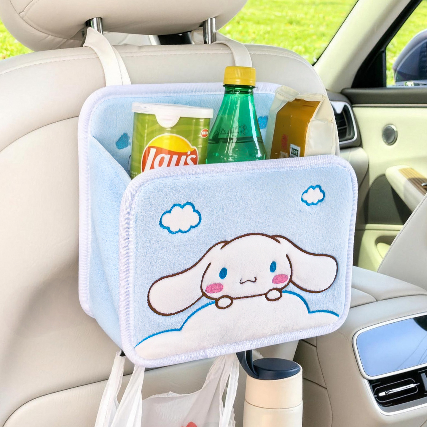 Cartoon car seat back storage bag, multifunctional car storage box with hooks, cute pet design, women's trash bag