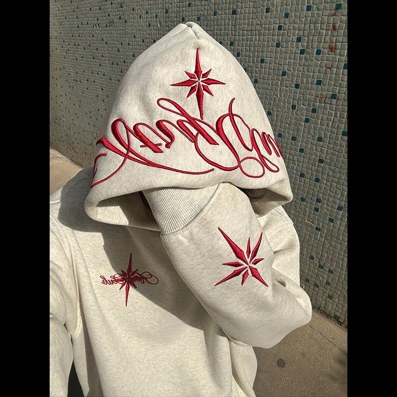 White and Gray Embroidered Hooded Sweatshirt Trendy Men's High Street Fashion Brand Loose Niche Design Long-Sleeve Top Couple's Outfit White and Gray Embroidered Hooded Sweatshirt Trendy Men's High Street Fashion Brand Loose Niche Design Long-Sleeve Top Couple's Outfit