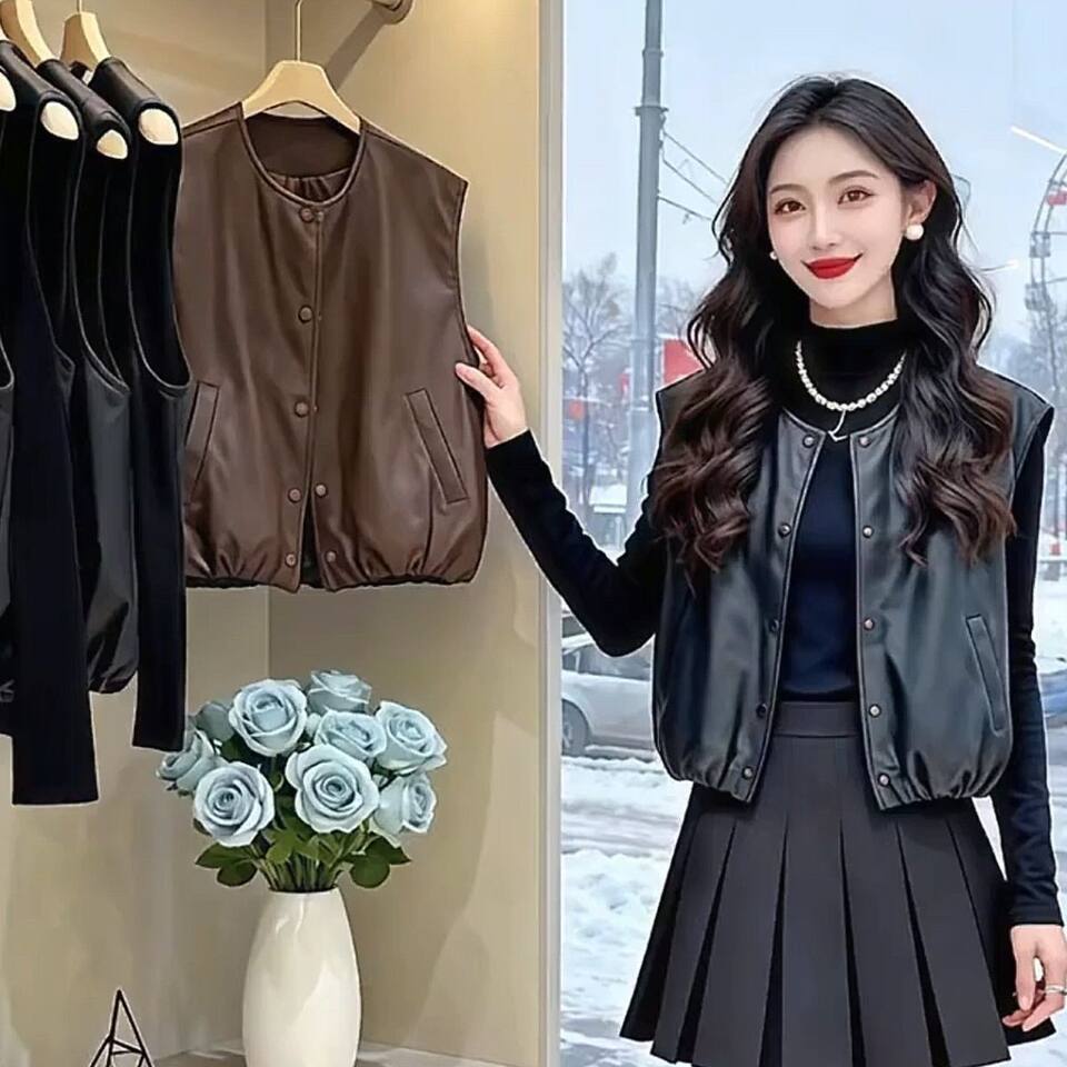 Áo gile da PU nữ dáng ngắn không tay cổ tròn phối layer form rộng — Màu nâu cà phê, màu đen chi tiết 3