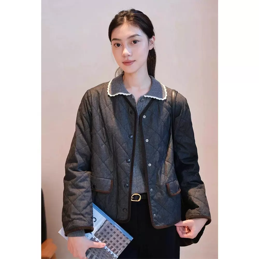 四媛牛仔菱格绗缝夹棉短款棉服简约撞色宽松外套女25秋冬新款1045