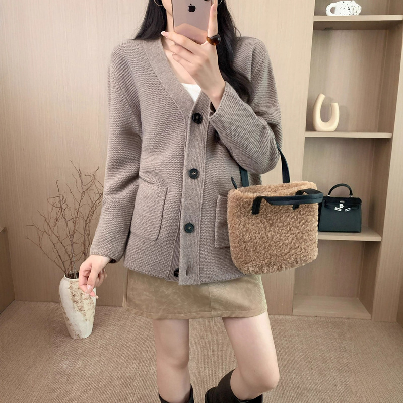 中长款100%绵羊毛针织开衫外套女宽松加厚V领一手长精致毛衣外穿|undefined