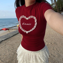 CF24104街头潮流收腰爱心蕾丝印花T恤2024夏季新款修身百搭短袖女