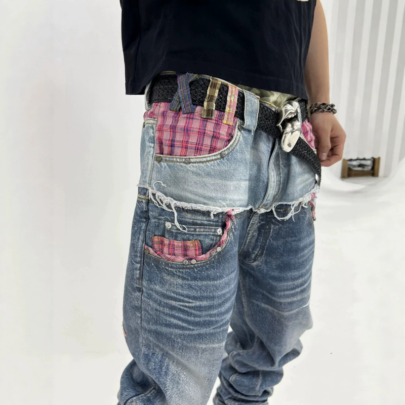 American-style, trendy, punk-inspired, double-waist, plaid patchwork, pleated denim pants, unisex, straight-leg, wide-leg, floor-length trousers