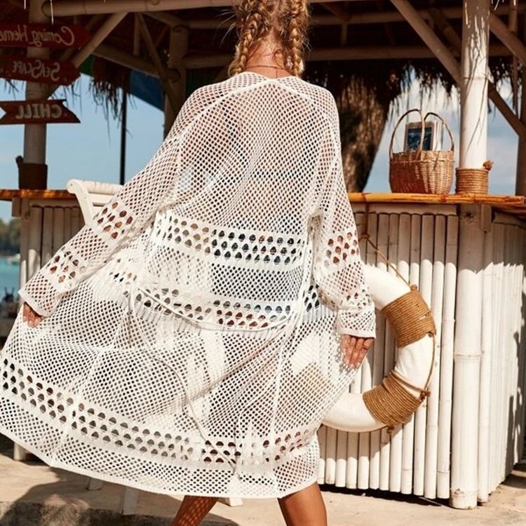 Blusa de Punto Calada para Playa, Acrílico, Manga Acampanada, para Playa y Vacaciones image 3