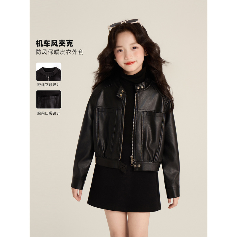 Amybaby Girls' Tops Winter 2025 New Retro Cool American High-End Motorcycle Style Leather Jacket