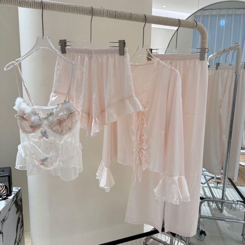 Ice Silk Pajamas for Women, Summer with Chest Pads, Sexy Suspenders, Four-Piece Set, Designer Style, Fairy Style, Feather Loungewear, Long Sleeves