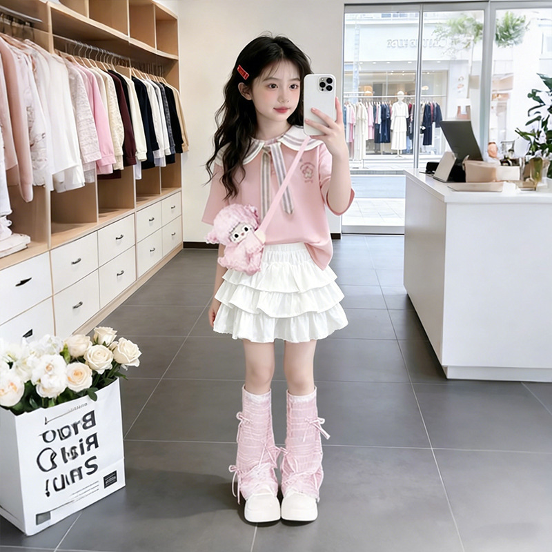 Korean-Style Dopamine Girls' Summer Short-Sleeve Fashionable Outfit Two-Piece Set New Summer College Style Cake Skirt Set Korean-Style Dopamine Girls' Summer Short-Sleeve Fashionable Outfit Two-Piece Set New Summer College Style Cake Skirt Set