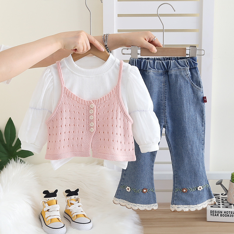 Set di tre pezzi con gilet e maglione per bambine 2025, nuovo abbigliamento per bambini alla moda per la primavera e l'autunno._voghion.com