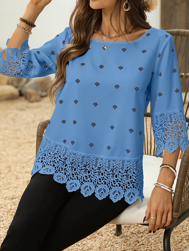 2025 Cross-Border New European and American Geometric Print Lace Scallop Trim Shirt Elegant Round Neck Three-Piece Set