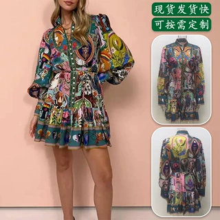 2026欧美跨境女装 气质优雅复古印花短裙 时尚通勤翻领长袖连衣裙