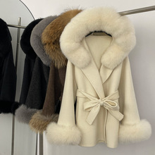 呢子大衣秋冬新款狐狸毛双面羊毛大衣女中长款大衣气质双面呢外套