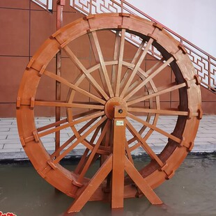 Outdoor anticorrosive wood landscape waterwheel running water ornaments garden large solid wood foot wooden antique hand cranking water wheel