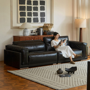 Black Obsidian Sofa with Top Layer Cowhide, Black Genuine Leather, Straight-Line Vintage Sofa for Living Room, Bauhaus French Retro Style