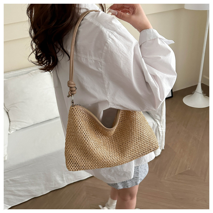 114g Weight Polyester Lining Material Weave Fashion Element Zipper Closure Type Single Shoulder Strap Strap Type Underarm Bag Bags Type Daily, Street, Shopping Occasion Straw Material New Year Festival Solid Color Pattern All Seasons Season Women's Gender Streetwear Style Square Shape Large Size Women's Large Straw Solid Color Streetwear Weave Square Zipper Underarm Bag 10
