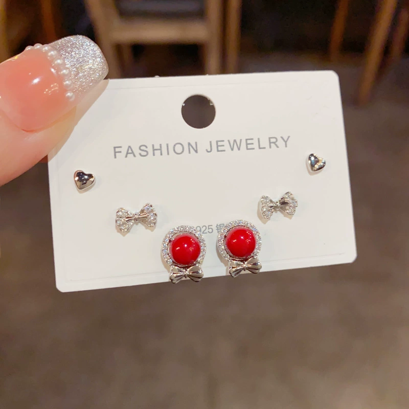 Серебряная игла, короткий цирконий, универсальные серьги, набор, образец серебра 925, микроинкрустация, японская и корейская стили, простой и элегантный дизайн, набор из 3 шт.