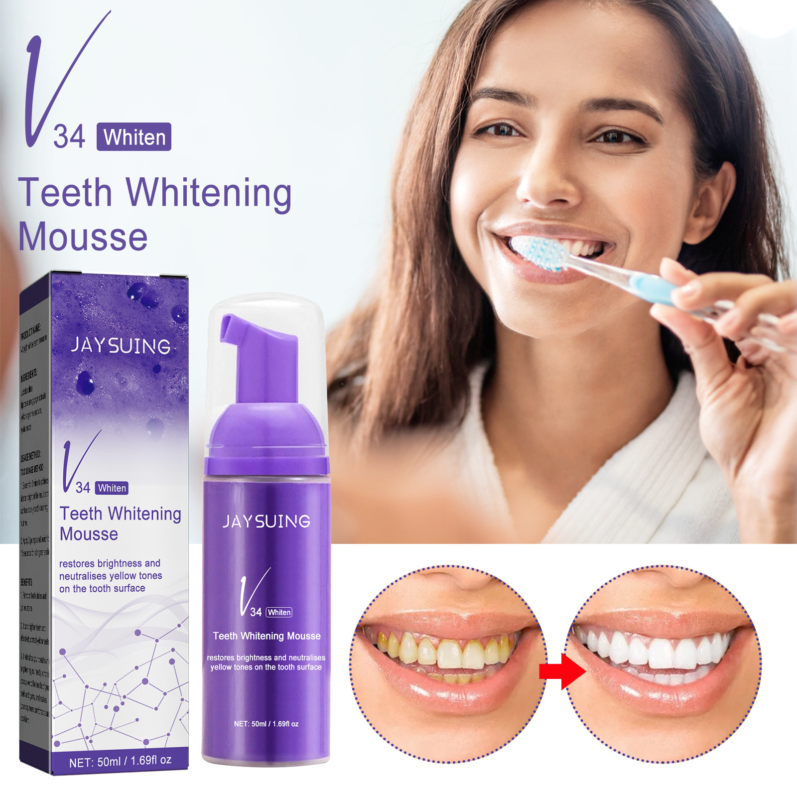 Jaysuing V34 Bright White Toothpaste: Whitens Teeth, Corrects Yellow Stains, and Cleans Oral Hygiene