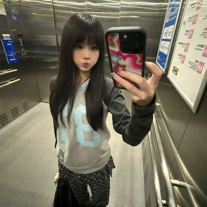 美式复古拼接圆领宽松打底衫女设计感上衣2025春显瘦气质长袖T恤