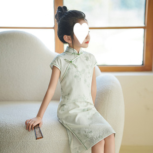 Green Girl's Cheongsam Summer Thin Fresh Chinese Style Dress Little Girl Catwalk Guzheng Performance Clothing Daily