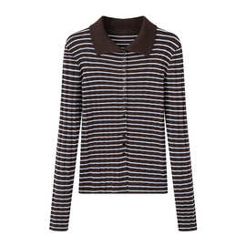 2026春季新款女装蓝色条纹百搭翻领修身款针织开衫上衣 5H1130721