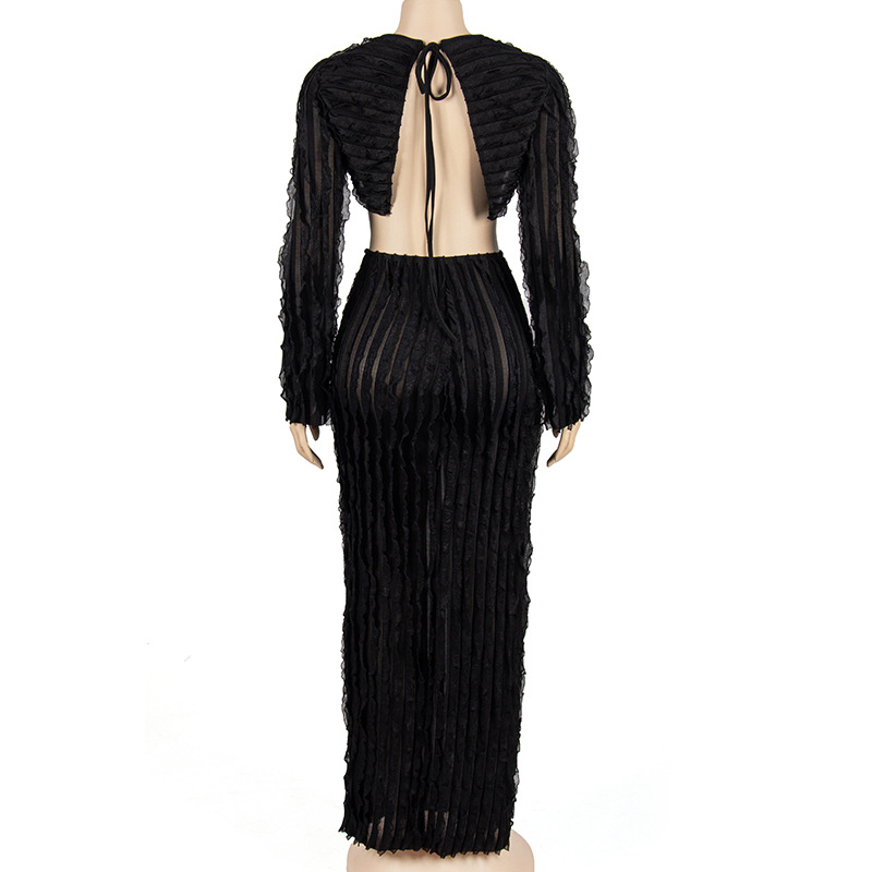 Autumn Solid Color round Neck Long Sleeves Cropped Top Sheath Dress Women Suit