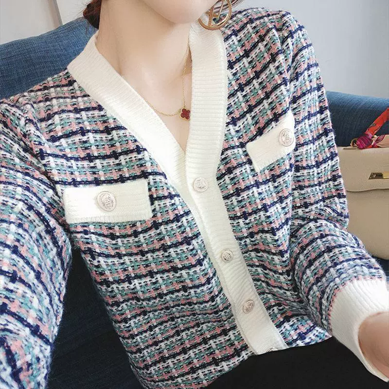 Универсальный вязаный кардиган в клетку в стиле Chanel, Осень-зима 2023, новая мода, Корейский сладкий свободный свитер, Женское пальто