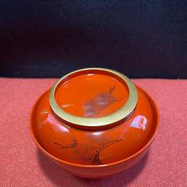 日本昭和八年漆器重金雕刻木胎盖碗山中塗木胎木粉树脂胎盖钵盖物